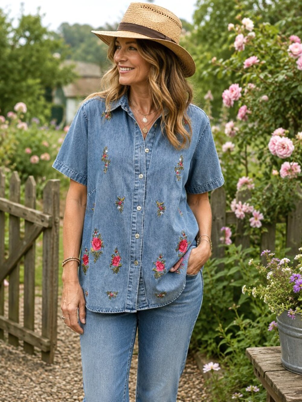 Embroidered Denim Shirt VTG 80s Pink Red Rose Floral Capistrano Jeans Size L-XL